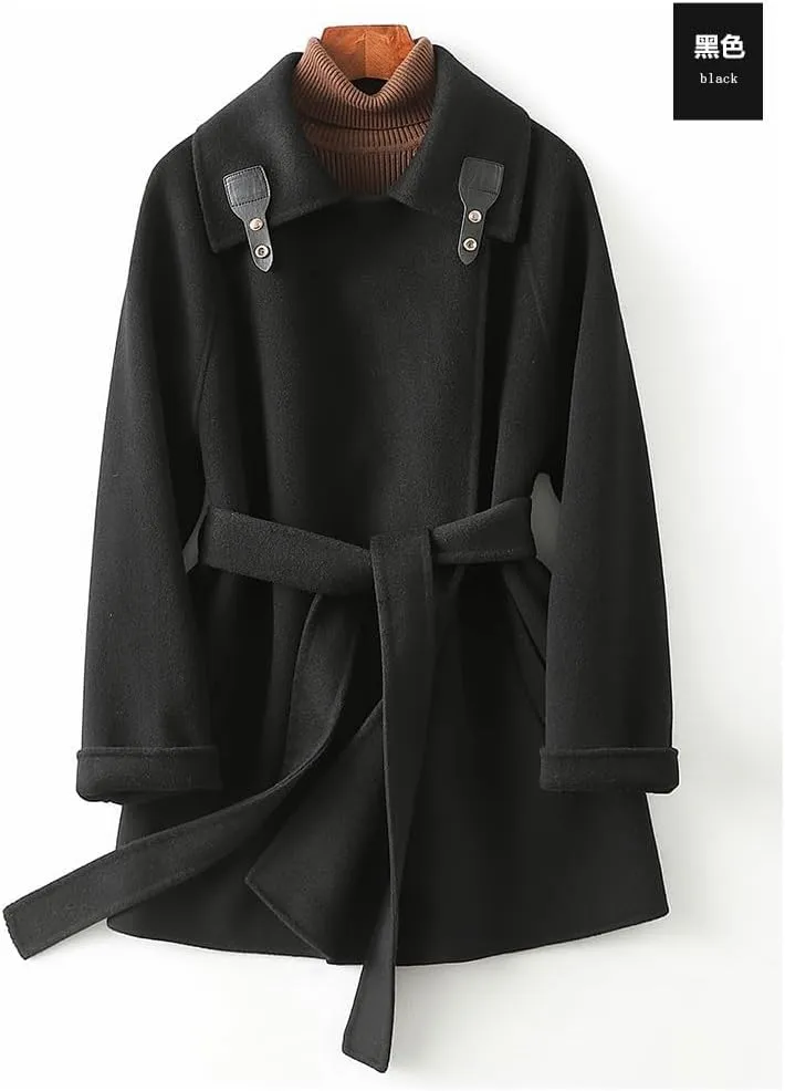 Women's Wool Short Loose Jacket OL Thicken Warm Wool Blend Pea Trench Coat Black Jacket with Belts(Medium)