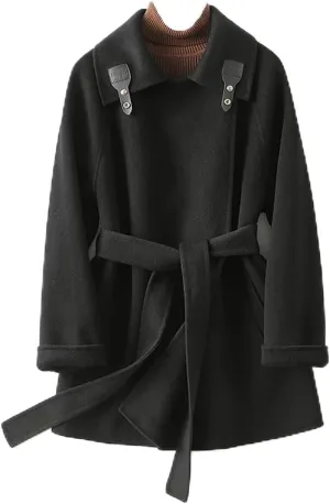 Women's Wool Short Loose Jacket OL Thicken Warm Wool Blend Pea Trench Coat Black Jacket with Belts(Medium)