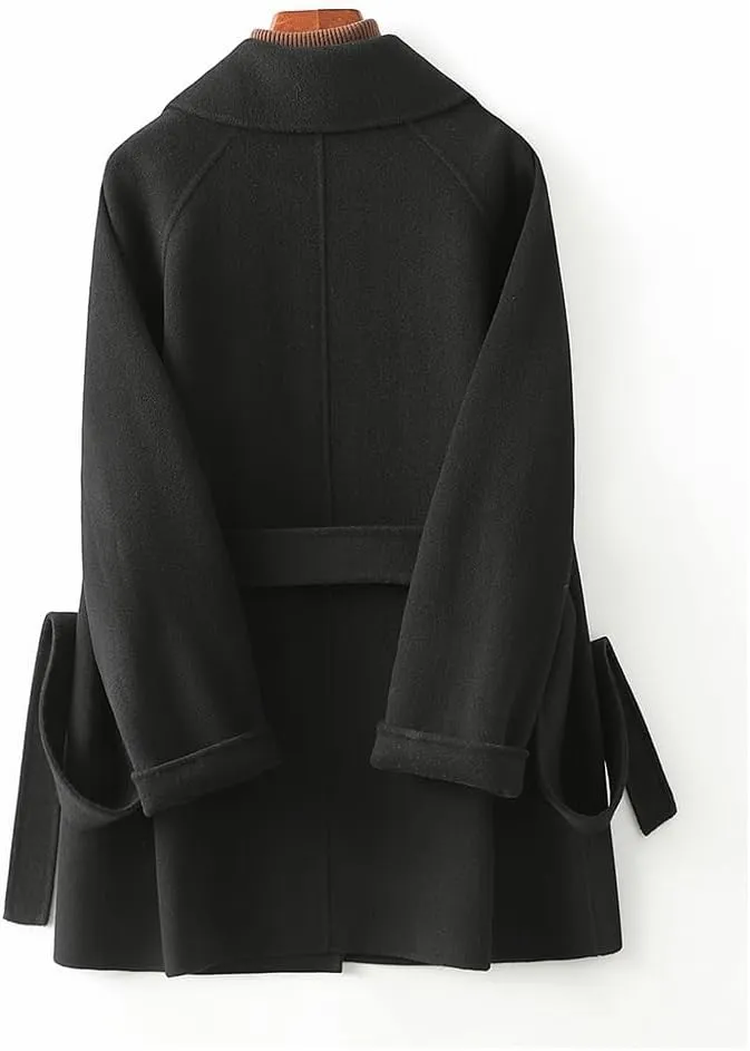 Women's Wool Short Loose Jacket OL Thicken Warm Wool Blend Pea Trench Coat Black Jacket with Belts(Medium)