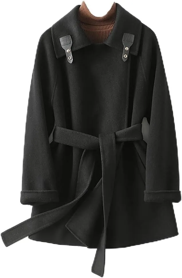 Women's Wool Short Loose Jacket OL Thicken Warm Wool Blend Pea Trench Coat Black Jacket with Belts(Medium)