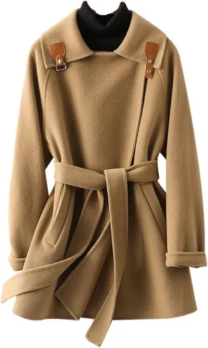 Women's Wool Short Loose Jacket OL Thicken Warm Wool Blend Pea Trench Coat Brown Jacket with Belts(Small)