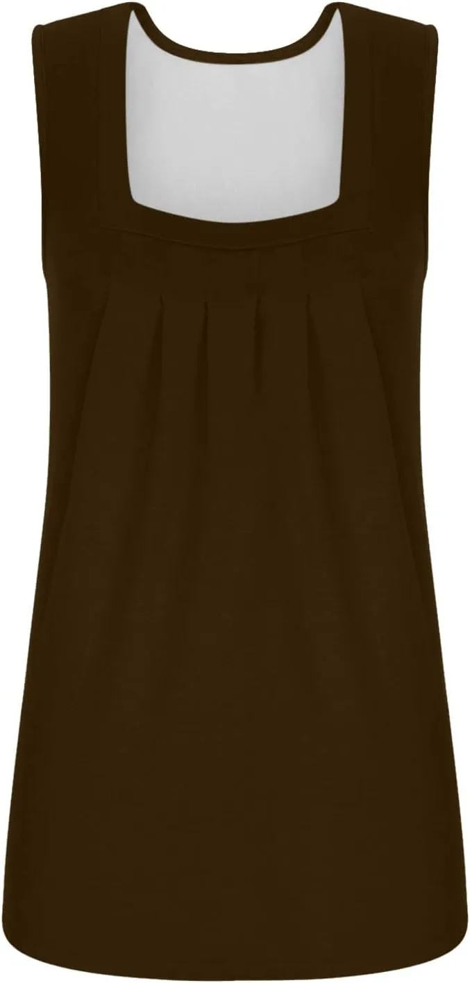 Womne's Summer Sleeveless Square Neck Tank Tops, Flowy Pleated Tunic Shirts for Women, Ladies Loose Fit Tshirt