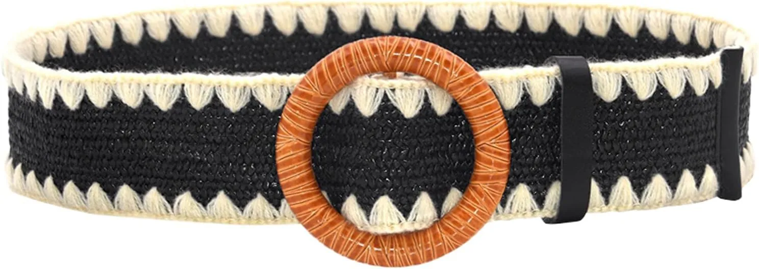 Woven Belt for Women Straw Woven Elastic Stretch Wide Waist Belt Bohemian with Buckle