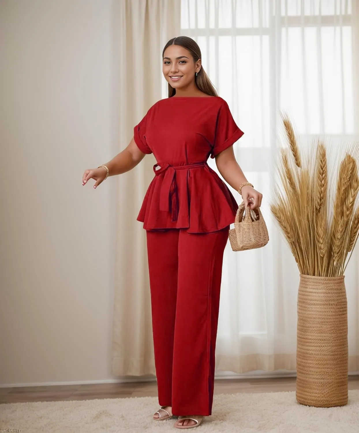 WUSENST Women's 2 Piece Outfits Suit Set Round Neck Short Sleeve Top Long Pants Church Office Business Work Wear