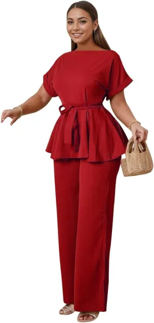 WUSENST Women's 2 Piece Outfits Suit Set Round Neck Short Sleeve Top Long Pants Church Office Business Work Wear