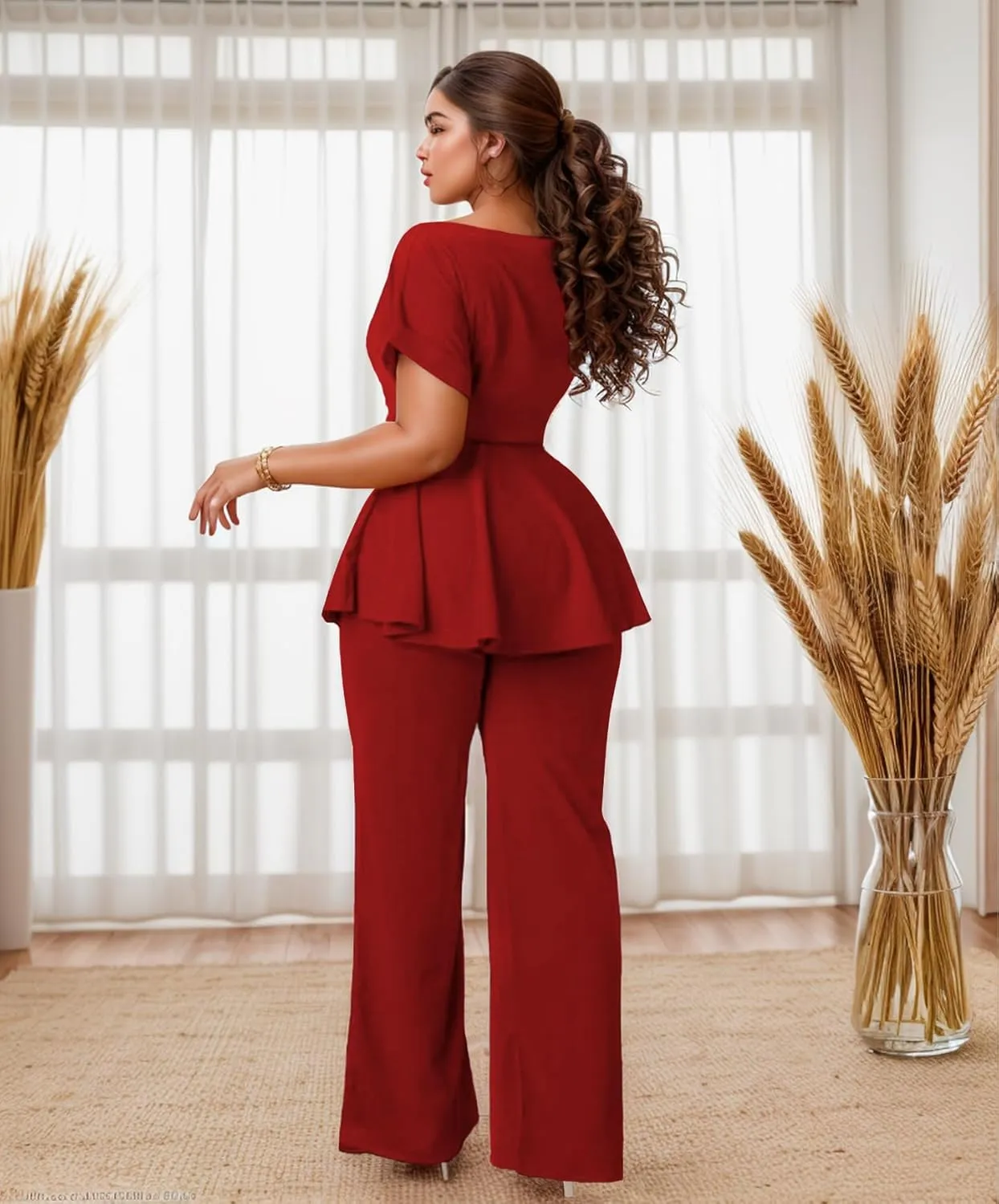 WUSENST Women's 2 Piece Outfits Suit Set Round Neck Short Sleeve Top Long Pants Church Office Business Work Wear