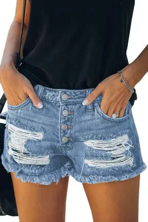 Xiaojie Womens Frayed Ripped Hem Button Denim Shorts High Waisted Jean Pants Casual Comfy Retro with Pockets (Dark Blue,L)