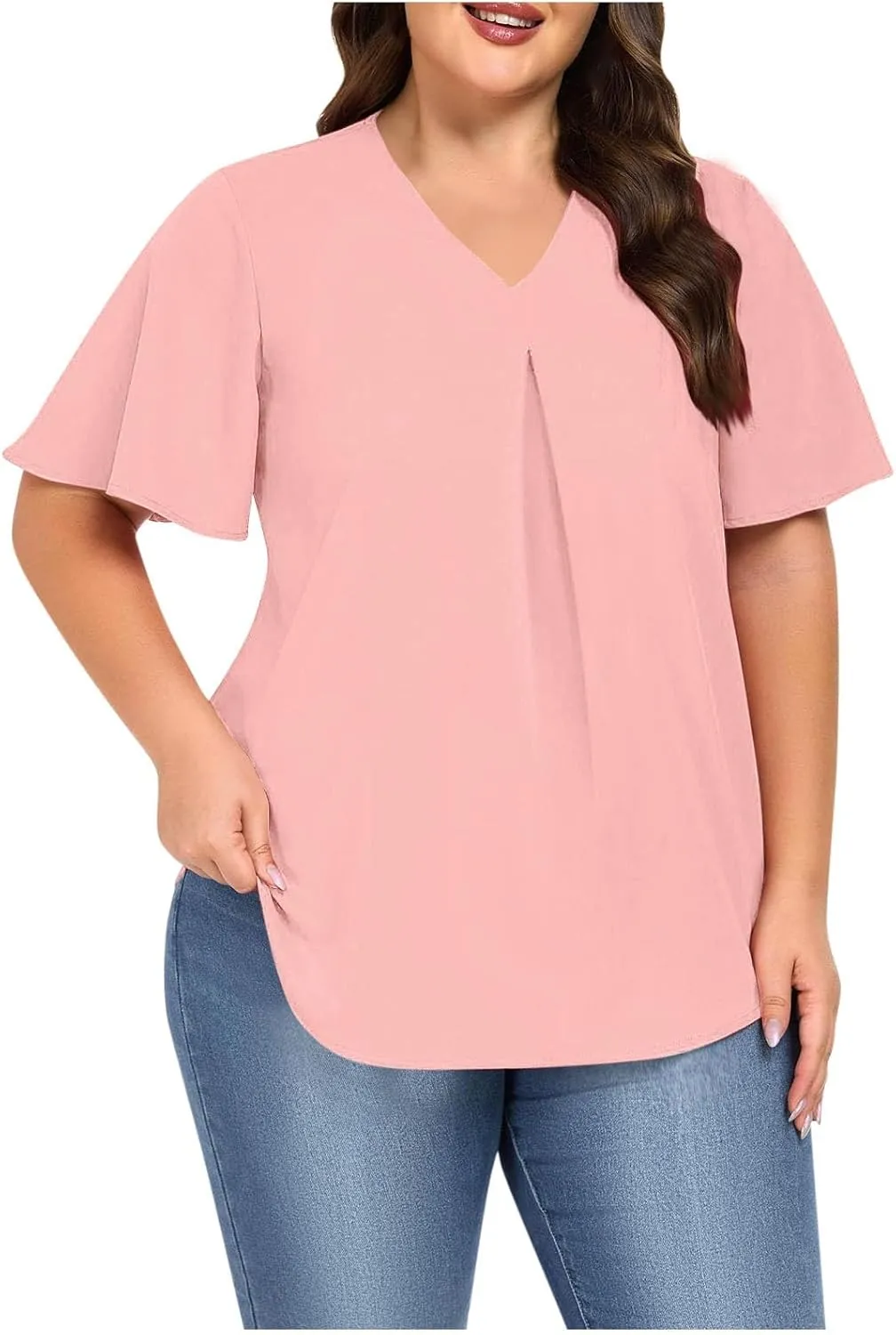Xiaojmake Womens Plus Size Tunic Tops for Leggings Jeans Short Ruffle Sleeve V Neck Pleated Shirts Loose Fit Curved Blouses