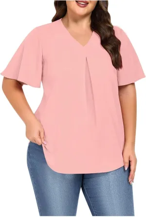 Xiaojmake Womens Plus Size Tunic Tops for Leggings Jeans Short Ruffle Sleeve V Neck Pleated Shirts Loose Fit Curved Blouses