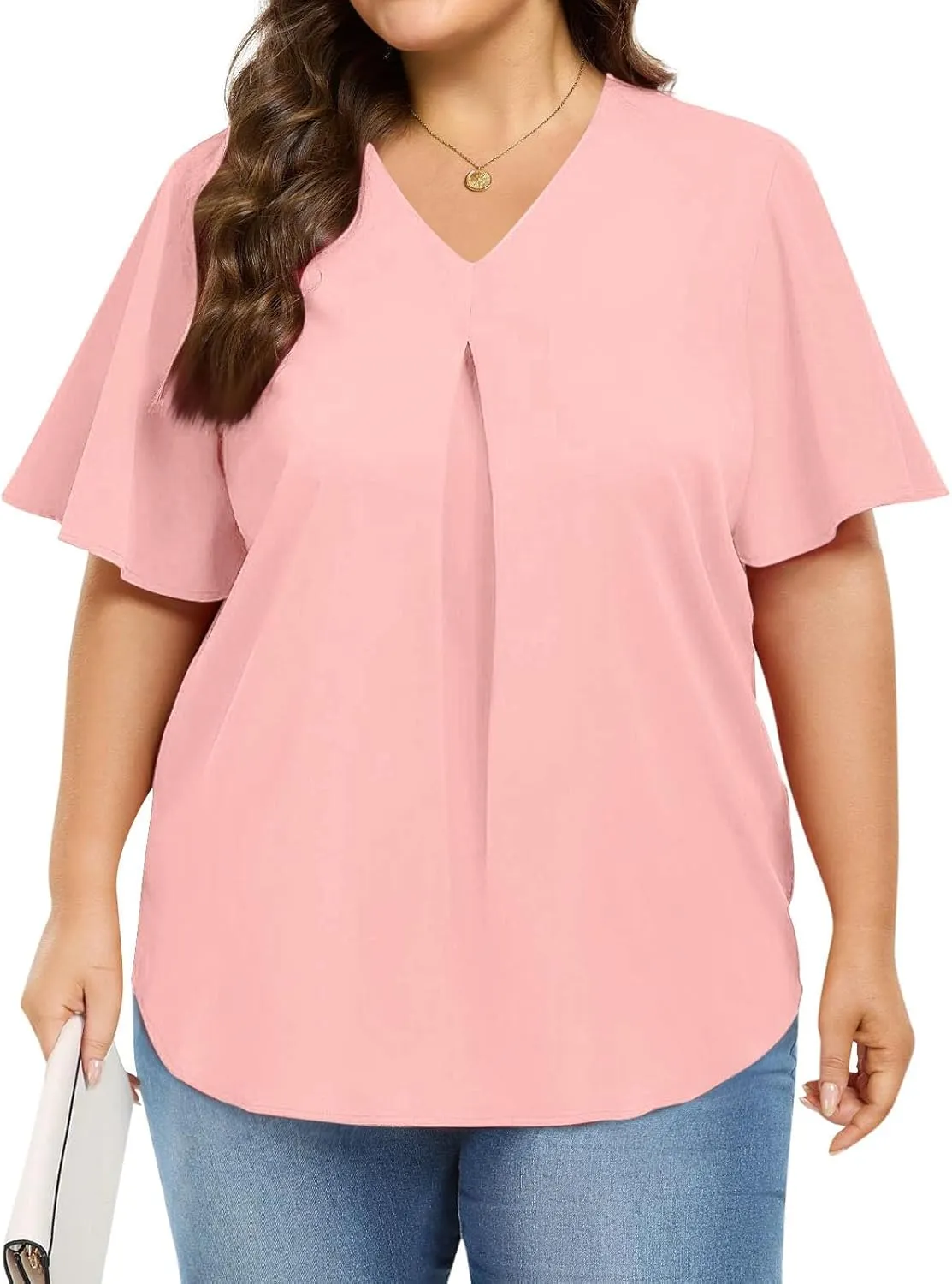 Xiaojmake Womens Plus Size Tunic Tops for Leggings Jeans Short Ruffle Sleeve V Neck Pleated Shirts Loose Fit Curved Blouses