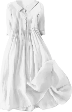 XOWRTE Cotton Linen Dresses for Women 2025 Casual Summer Sleeveless Dresses Loose Fit Turn Down Neck Solid Color Sundress