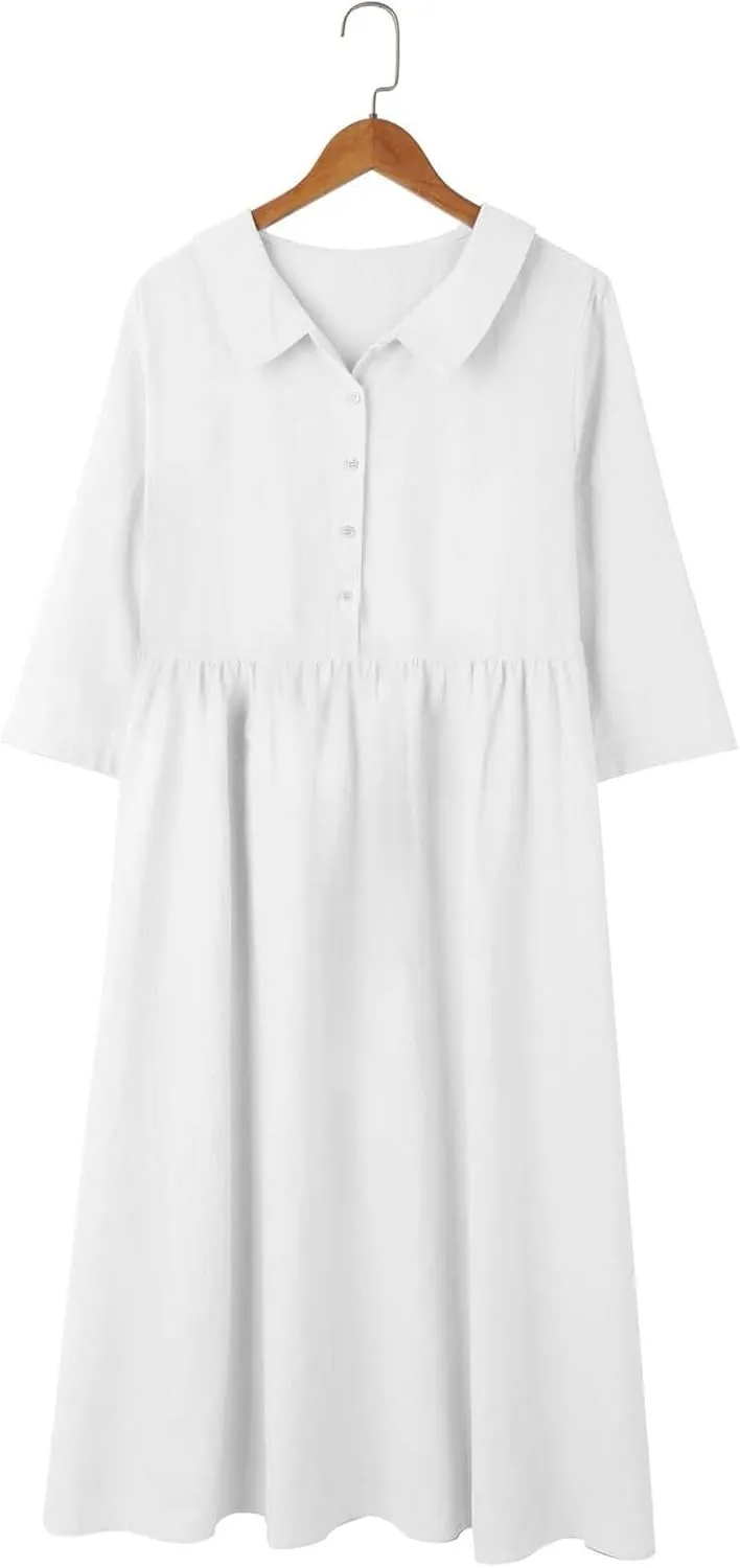 XOWRTE Cotton Linen Dresses for Women 2025 Casual Summer Sleeveless Dresses Loose Fit Turn Down Neck Solid Color Sundress