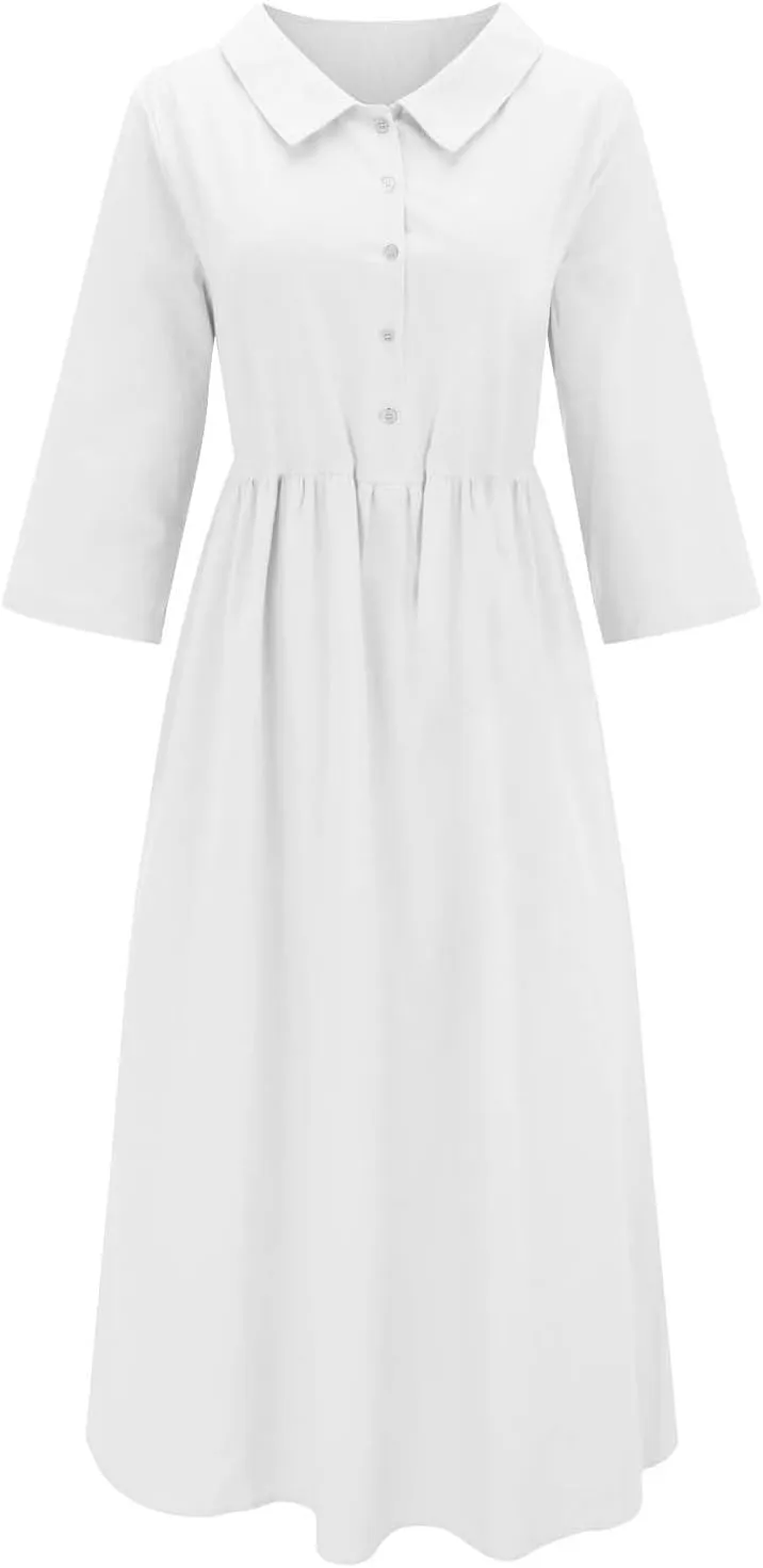 XOWRTE Cotton Linen Dresses for Women 2025 Casual Summer Sleeveless Dresses Loose Fit Turn Down Neck Solid Color Sundress