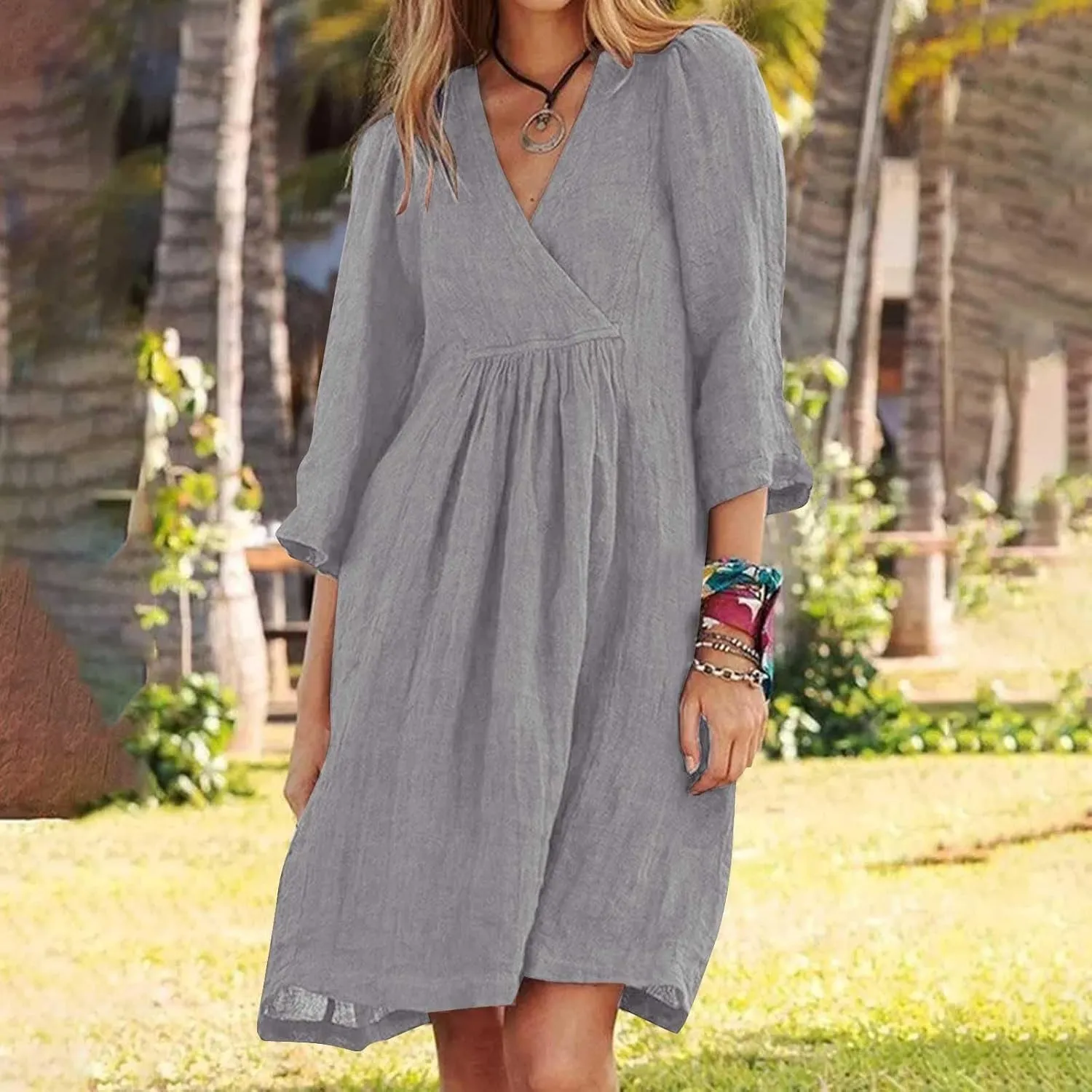 XOWRTE Womens Cotton Linen Midi Dress Summer Solid Color 3/4 Sleeve V-Neck T-Shirt Dresses Plus Size Flowy Beach Dress