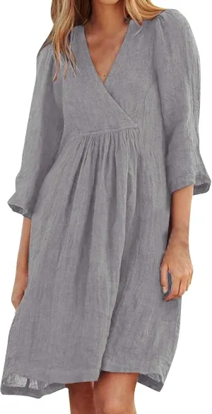 XOWRTE Womens Cotton Linen Midi Dress Summer Solid Color 3/4 Sleeve V-Neck T-Shirt Dresses Plus Size Flowy Beach Dress