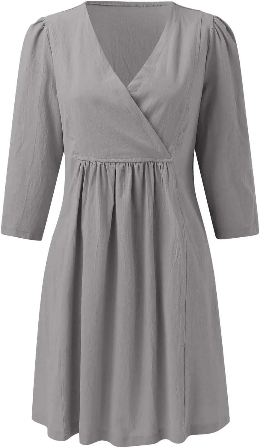 XOWRTE Womens Cotton Linen Midi Dress Summer Solid Color 3/4 Sleeve V-Neck T-Shirt Dresses Plus Size Flowy Beach Dress