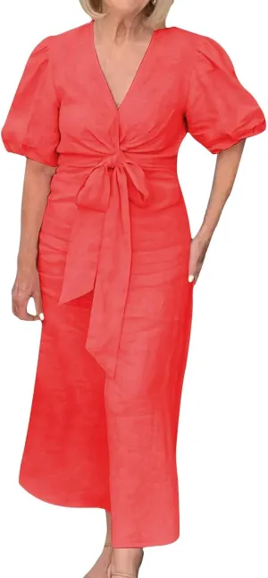 XOWRTE Womens Elegant V Neck Cocktail Ruffle Puff Sleeve Wrap Ruched Party Midi Dress Bodycon Work Business Sheath Dress