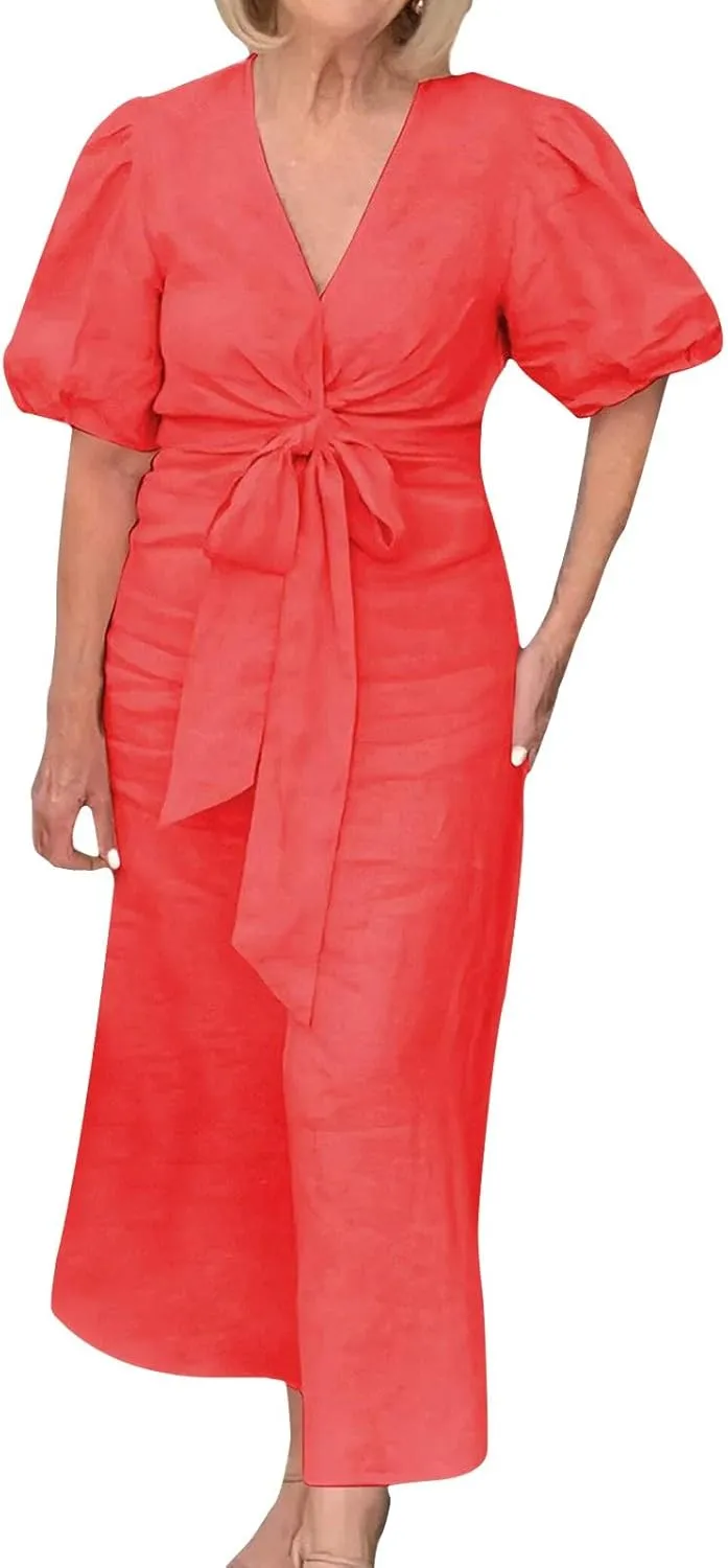 XOWRTE Womens Elegant V Neck Cocktail Ruffle Puff Sleeve Wrap Ruched Party Midi Dress Bodycon Work Business Sheath Dress