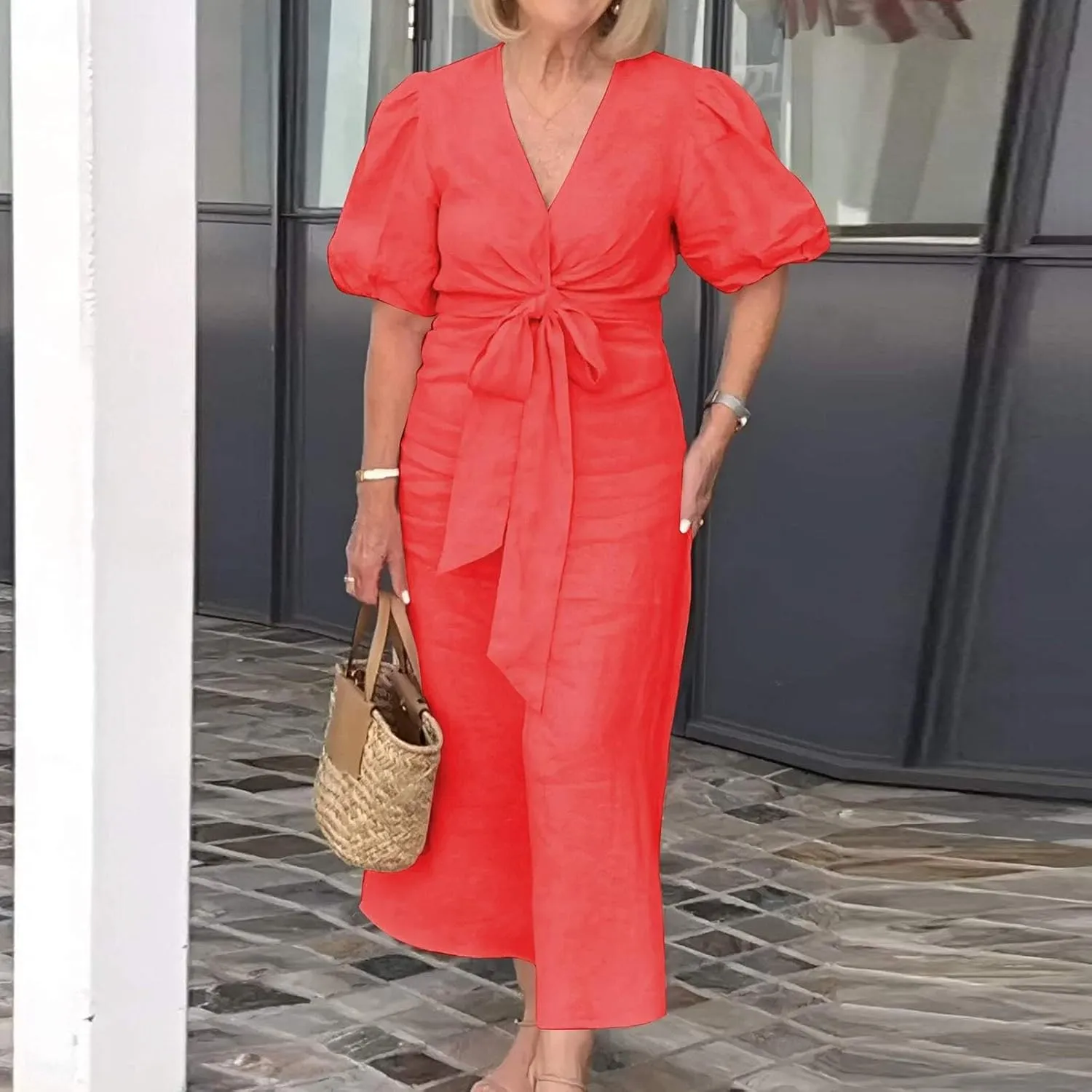 XOWRTE Womens Elegant V Neck Cocktail Ruffle Puff Sleeve Wrap Ruched Party Midi Dress Bodycon Work Business Sheath Dress