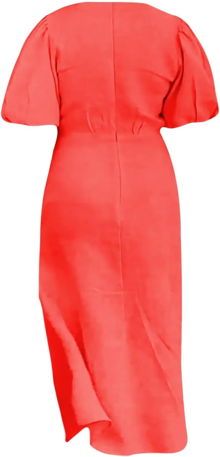 XOWRTE Womens Elegant V Neck Cocktail Ruffle Puff Sleeve Wrap Ruched Party Midi Dress Bodycon Work Business Sheath Dress