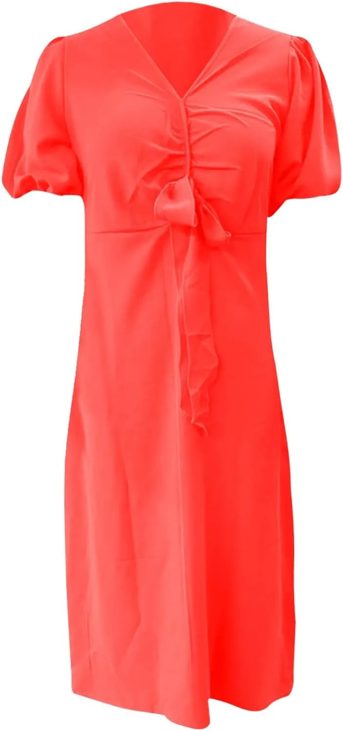 XOWRTE Womens Elegant V Neck Cocktail Ruffle Puff Sleeve Wrap Ruched Party Midi Dress Bodycon Work Business Sheath Dress