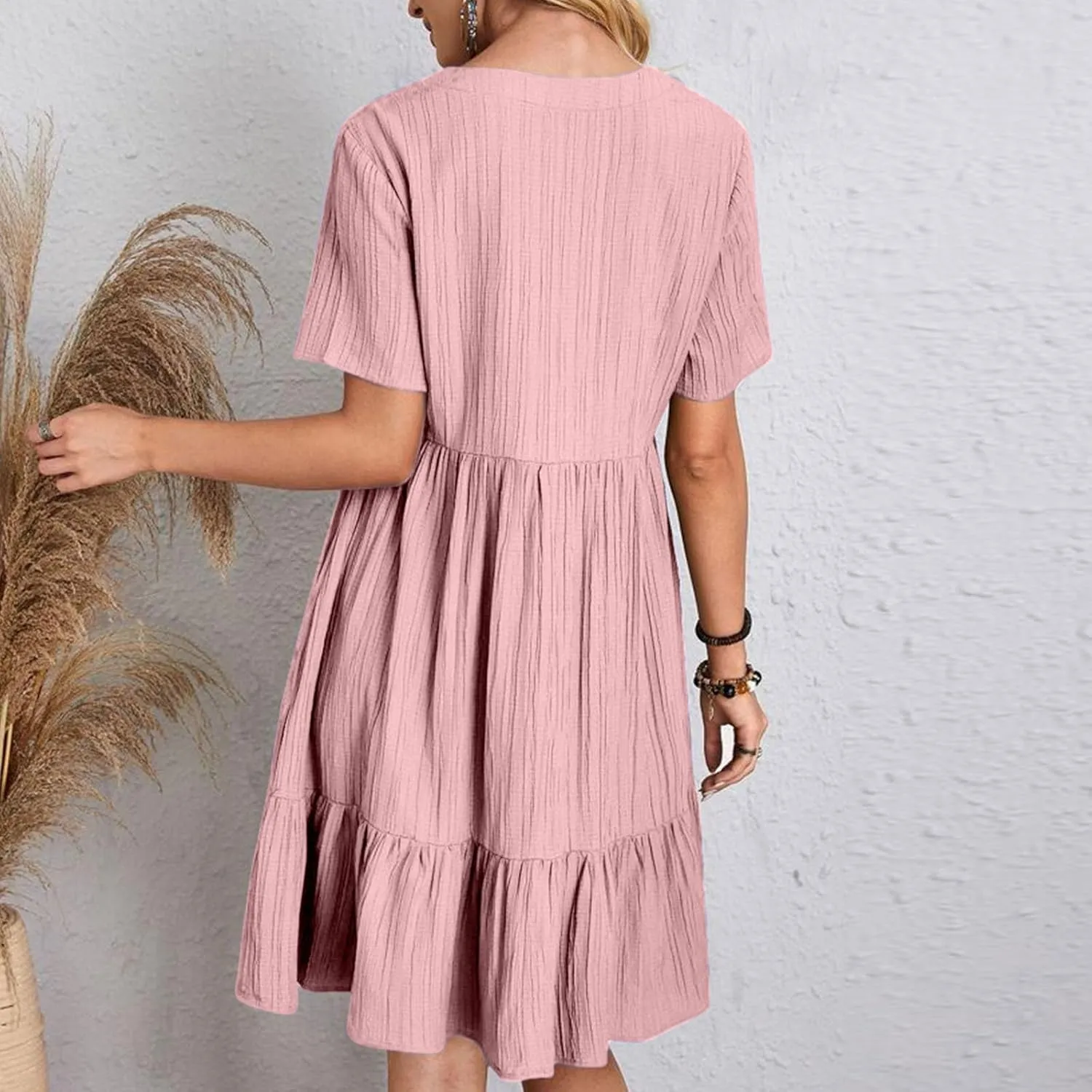 XUNRYAN 2025 Summer Womens Dress V Neck Short Sleeve Mini Dresses Flowy Tiered Ruffle Casual Beach Vacation Sundress Outfit