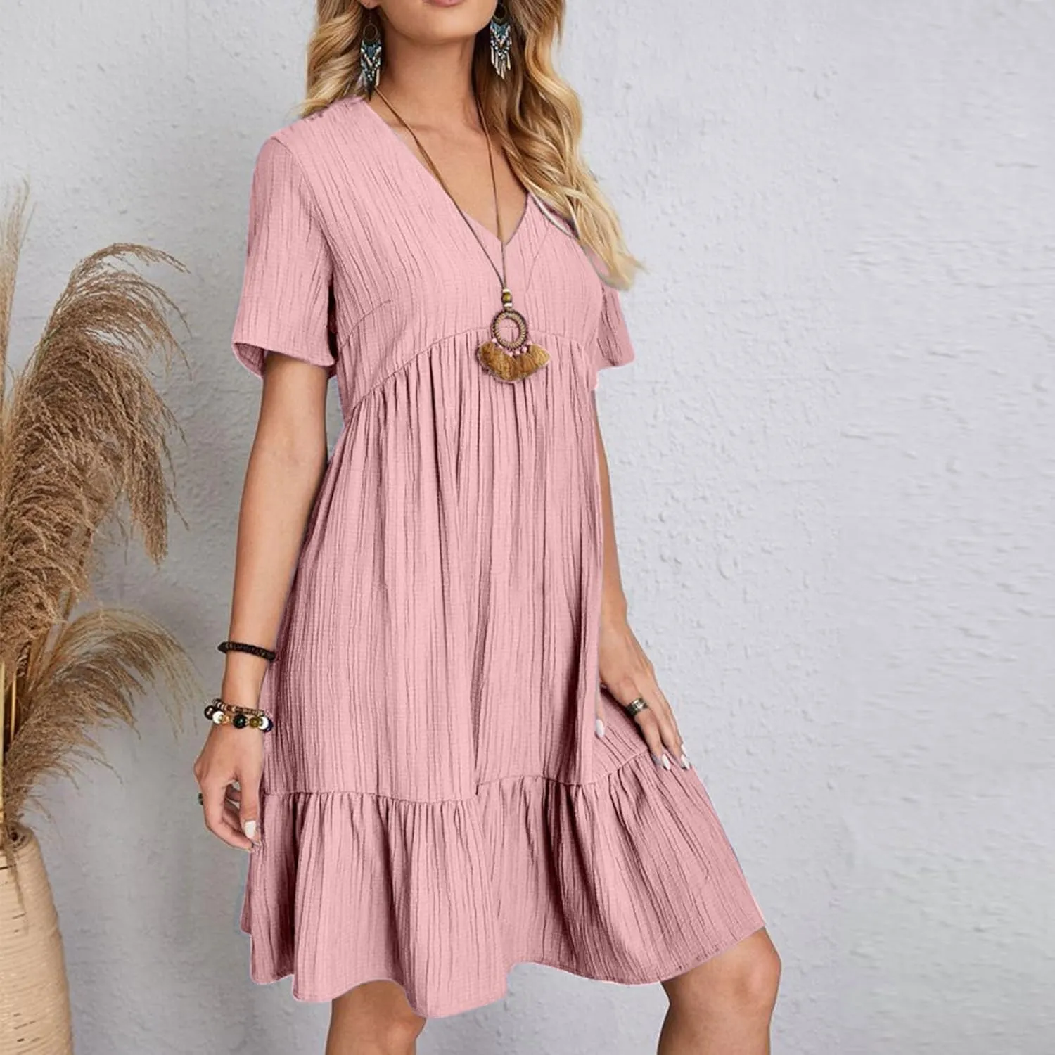 XUNRYAN 2025 Summer Womens Dress V Neck Short Sleeve Mini Dresses Flowy Tiered Ruffle Casual Beach Vacation Sundress Outfit