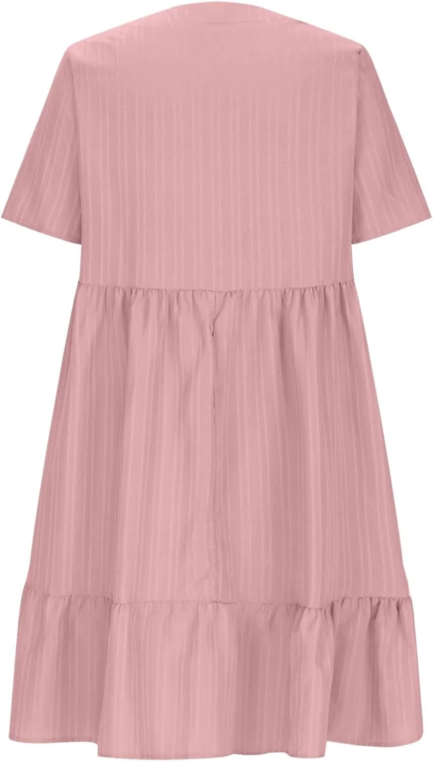 XUNRYAN 2025 Summer Womens Dress V Neck Short Sleeve Mini Dresses Flowy Tiered Ruffle Casual Beach Vacation Sundress Outfit