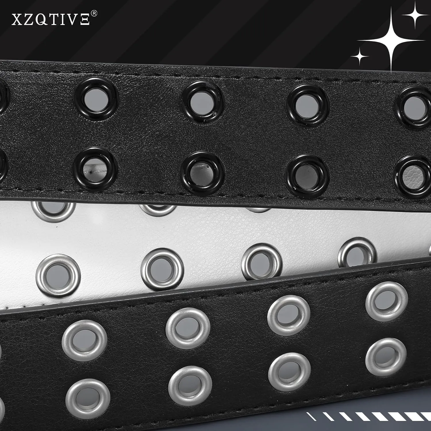XZQTIVE Double Grommet PU Leather Belt for Women Men Punk metal Jean Belt Wide 1.5 Inch