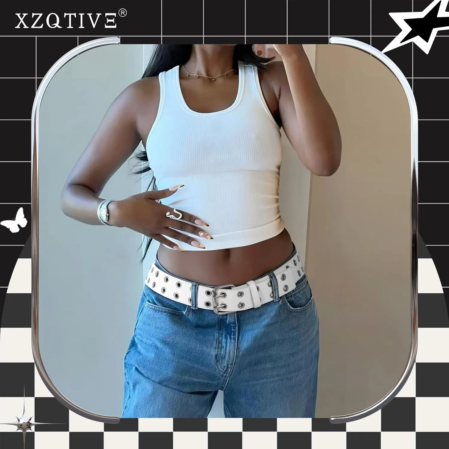 XZQTIVE Double Grommet PU Leather Belt for Women Men Punk metal Jean Belt Wide 1.5 Inch