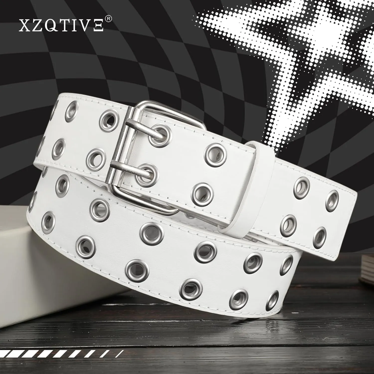 XZQTIVE Double Grommet PU Leather Belt for Women Men Punk metal Jean Belt Wide 1.5 Inch