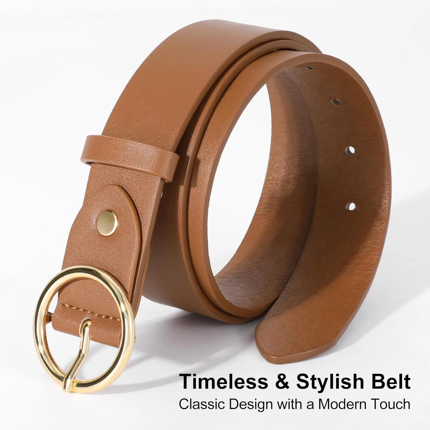 XZQTIVE Women Leather Belt with Circle Gold Buckle Fashion Ladies Waist Belt for Jeans Pants Dresses
