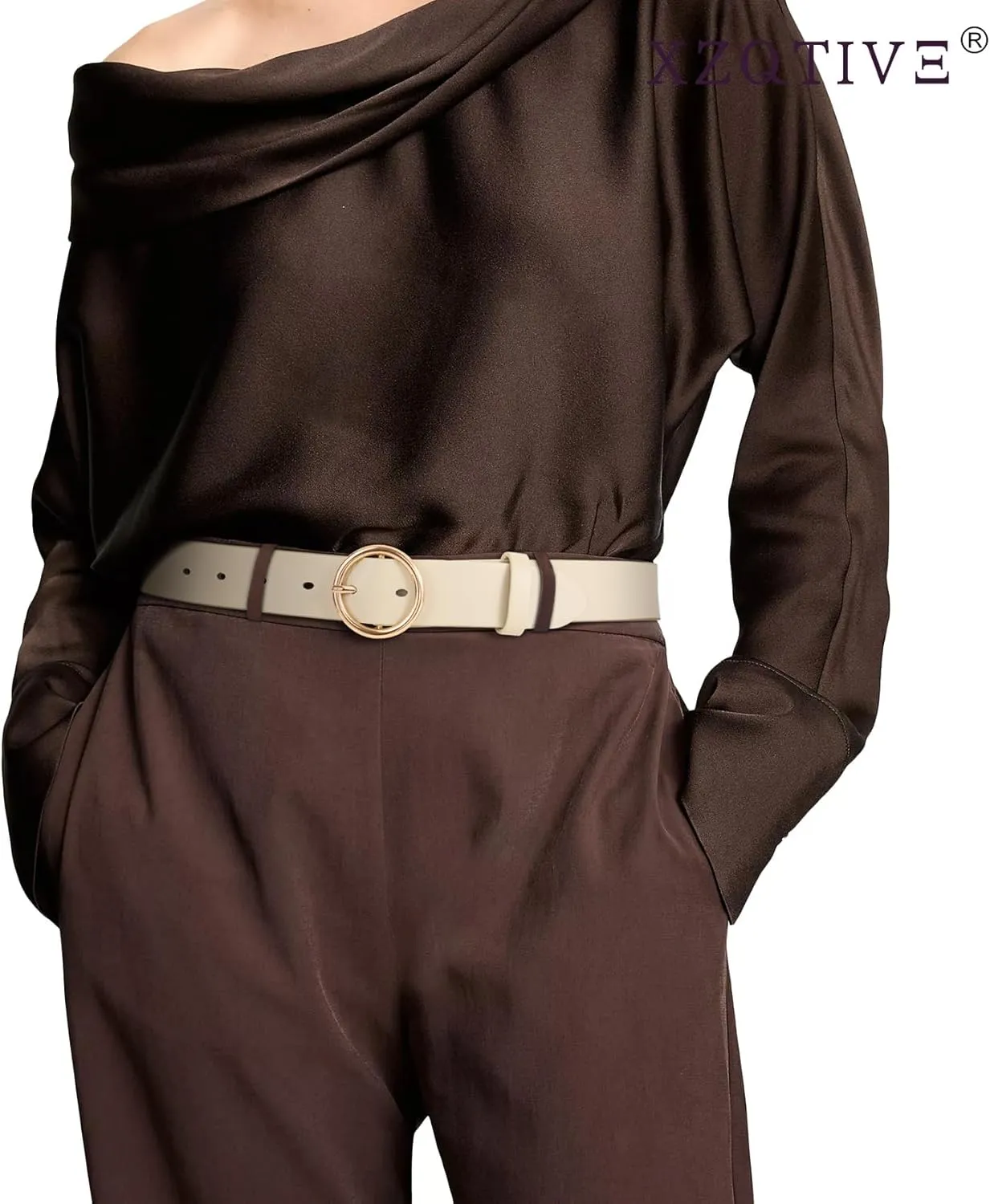 XZQTIVE Women Leather Belt with Circle Gold Buckle Fashion Ladies Waist Belt for Jeans Pants Dresses