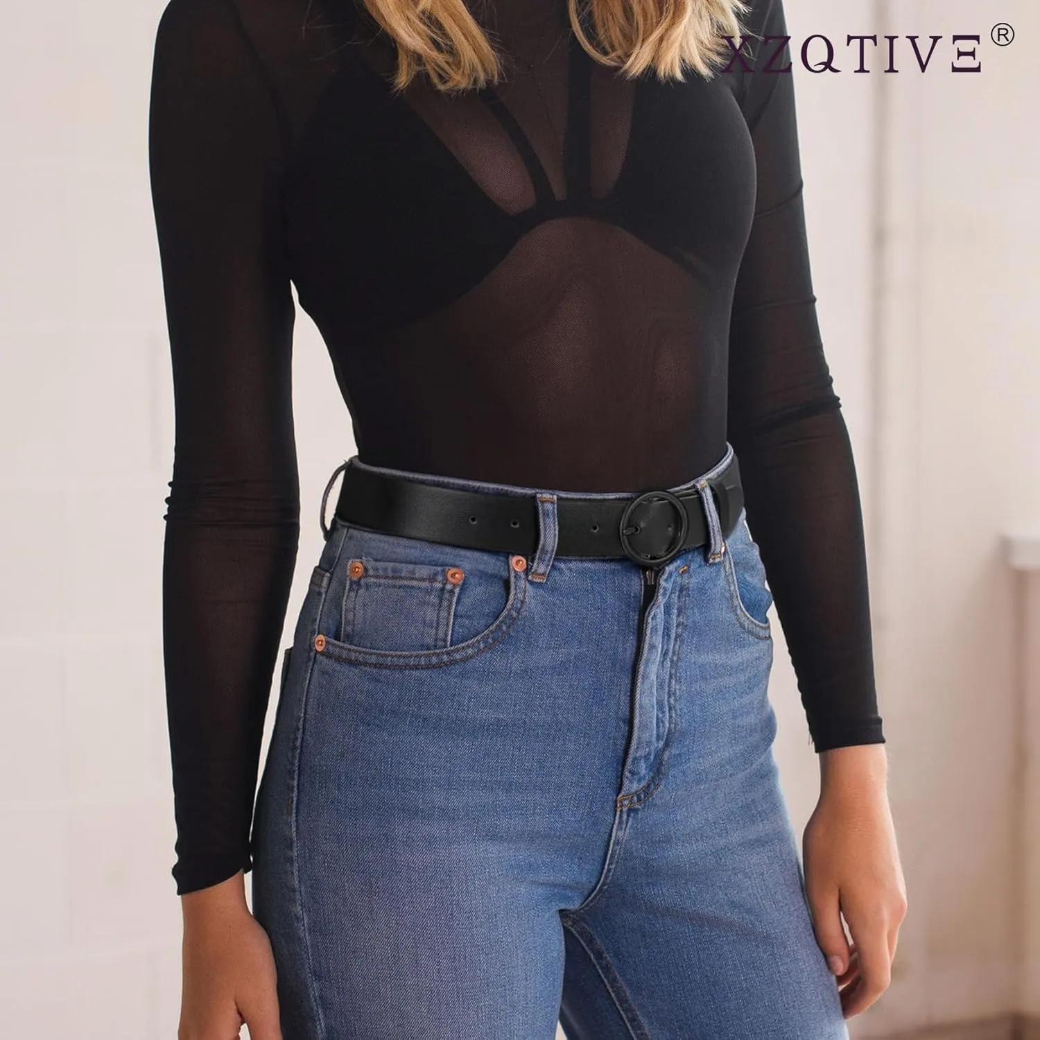 XZQTIVE Women Leather Belt with Circle Gold Buckle Fashion Ladies Waist Belt for Jeans Pants Dresses