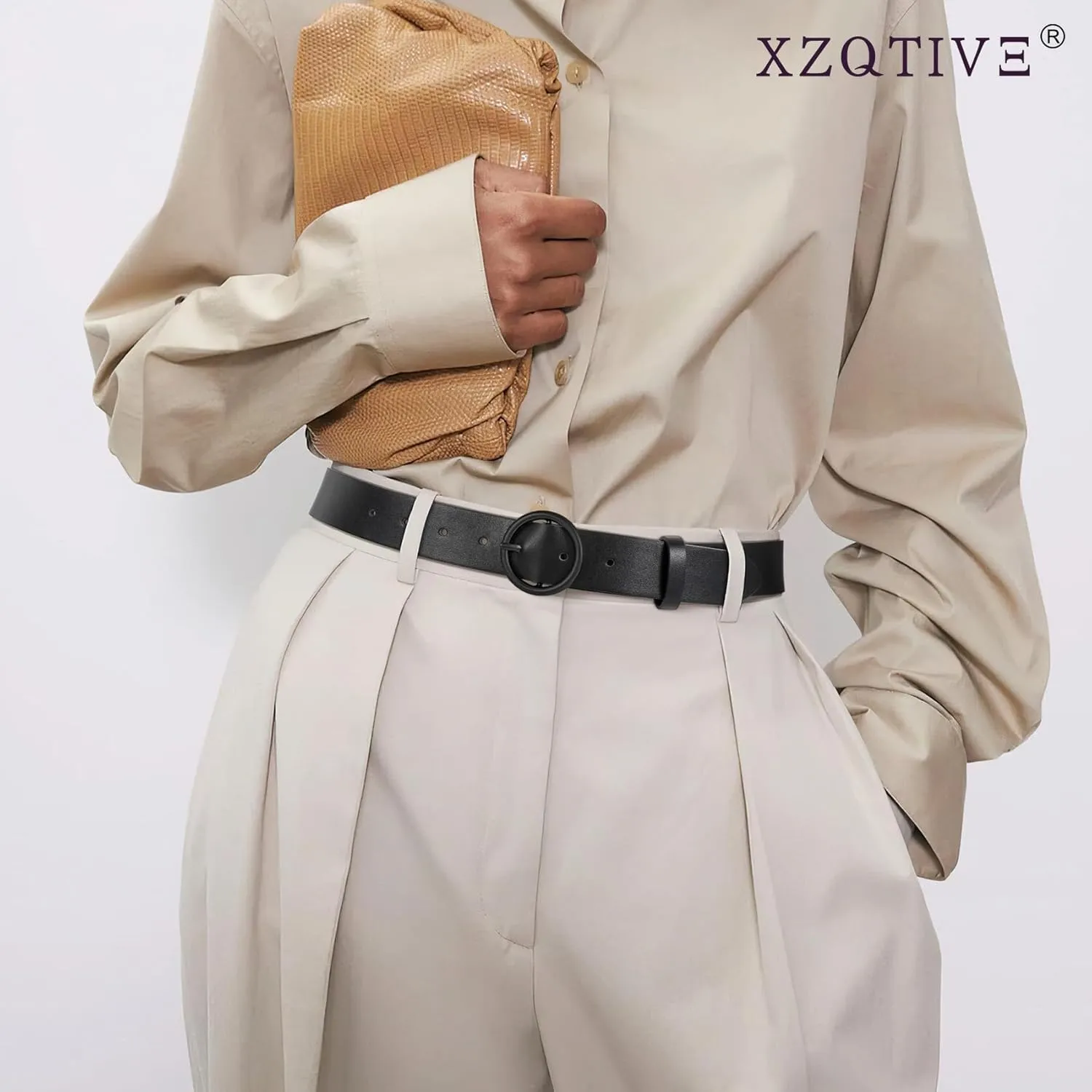 XZQTIVE Women Leather Belt with Circle Gold Buckle Fashion Ladies Waist Belt for Jeans Pants Dresses