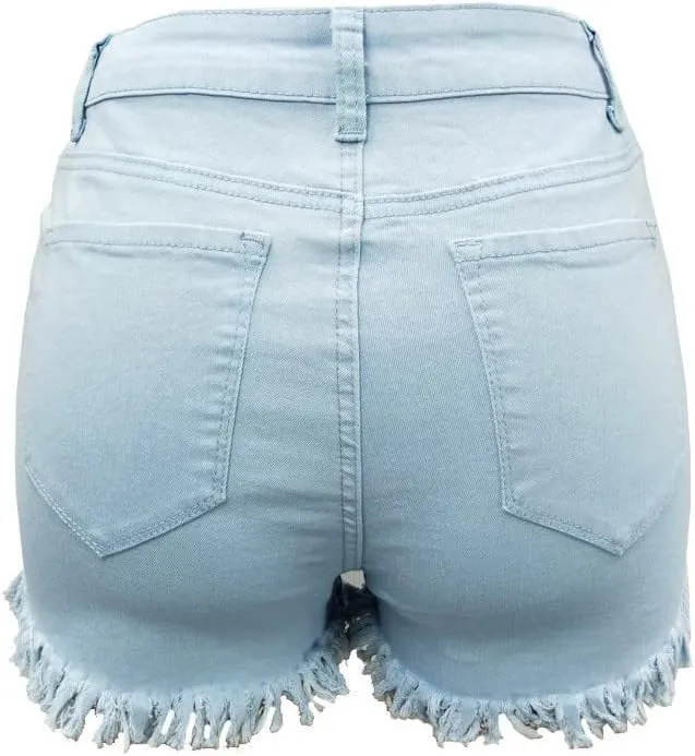 YOLAI Women's High Waisted Tassel Shorts Button Down Denim Shorts Sexy Jeans Shorts with Pockets