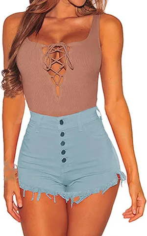 YOLAI Women's High Waisted Tassel Shorts Button Down Denim Shorts Sexy Jeans Shorts with Pockets