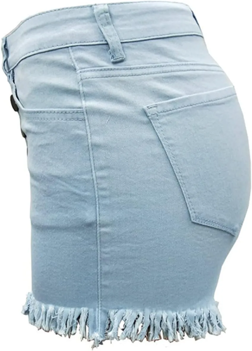 YOLAI Women's High Waisted Tassel Shorts Button Down Denim Shorts Sexy Jeans Shorts with Pockets