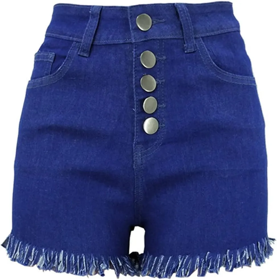 YOLAI Women's High Waisted Tassel Shorts Button Down Denim Shorts Sexy Jeans Shorts with Pockets