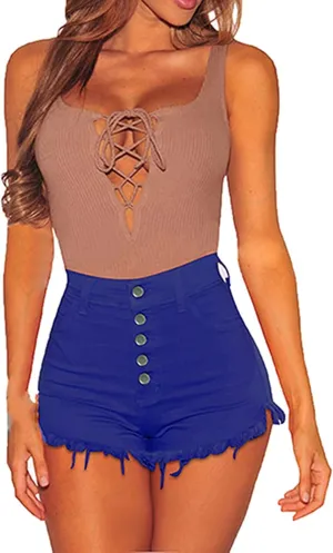 YOLAI Women's High Waisted Tassel Shorts Button Down Denim Shorts Sexy Jeans Shorts with Pockets