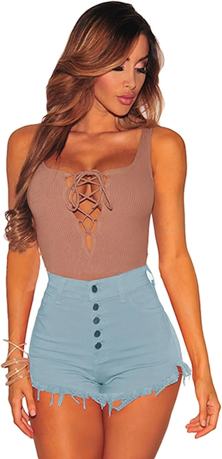 YOLAI Women's High Waisted Tassel Shorts Button Down Denim Shorts Sexy Jeans Shorts with Pockets