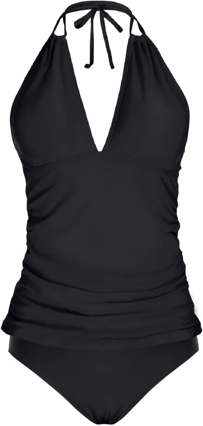Yonique Womens Two Piece Swimsuits Tummy Control Tankini Plus Size Bathing Suit Halter V Neck Swimwear