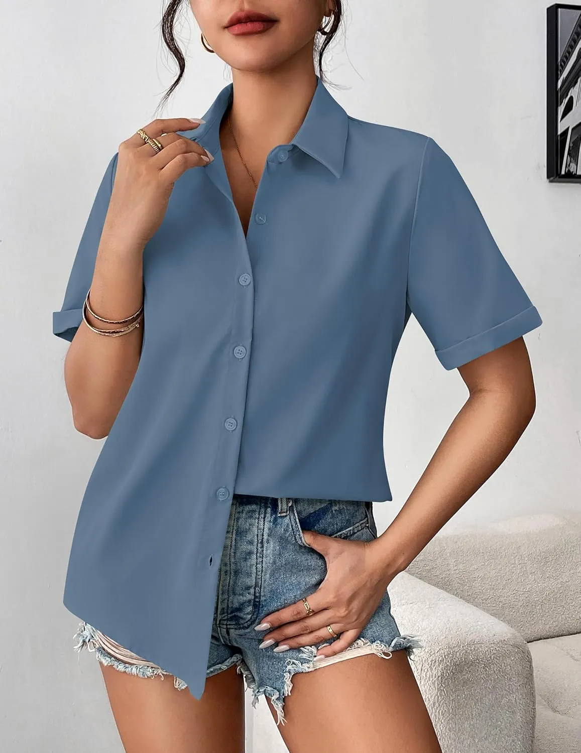 Zeagoo Womens Button Down Blouse Rolled Cuffed Short Sleeve Shirts Casual Work Blouse Summer Hawaiian Outfits