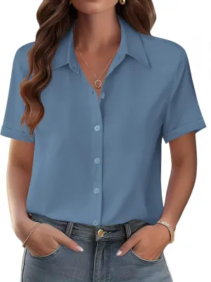 Zeagoo Womens Button Down Blouse Rolled Cuffed Short Sleeve Shirts Casual Work Blouse Summer Hawaiian Outfits