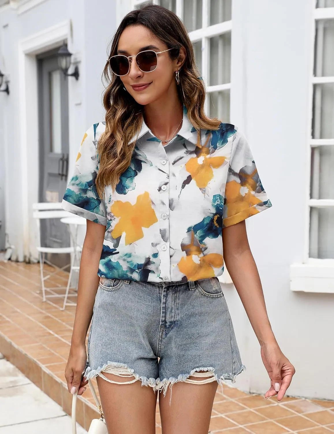 Zeagoo Womens Button Down Blouse Rolled Cuffed Short Sleeve Shirts Casual Work Blouse Summer Hawaiian Outfits