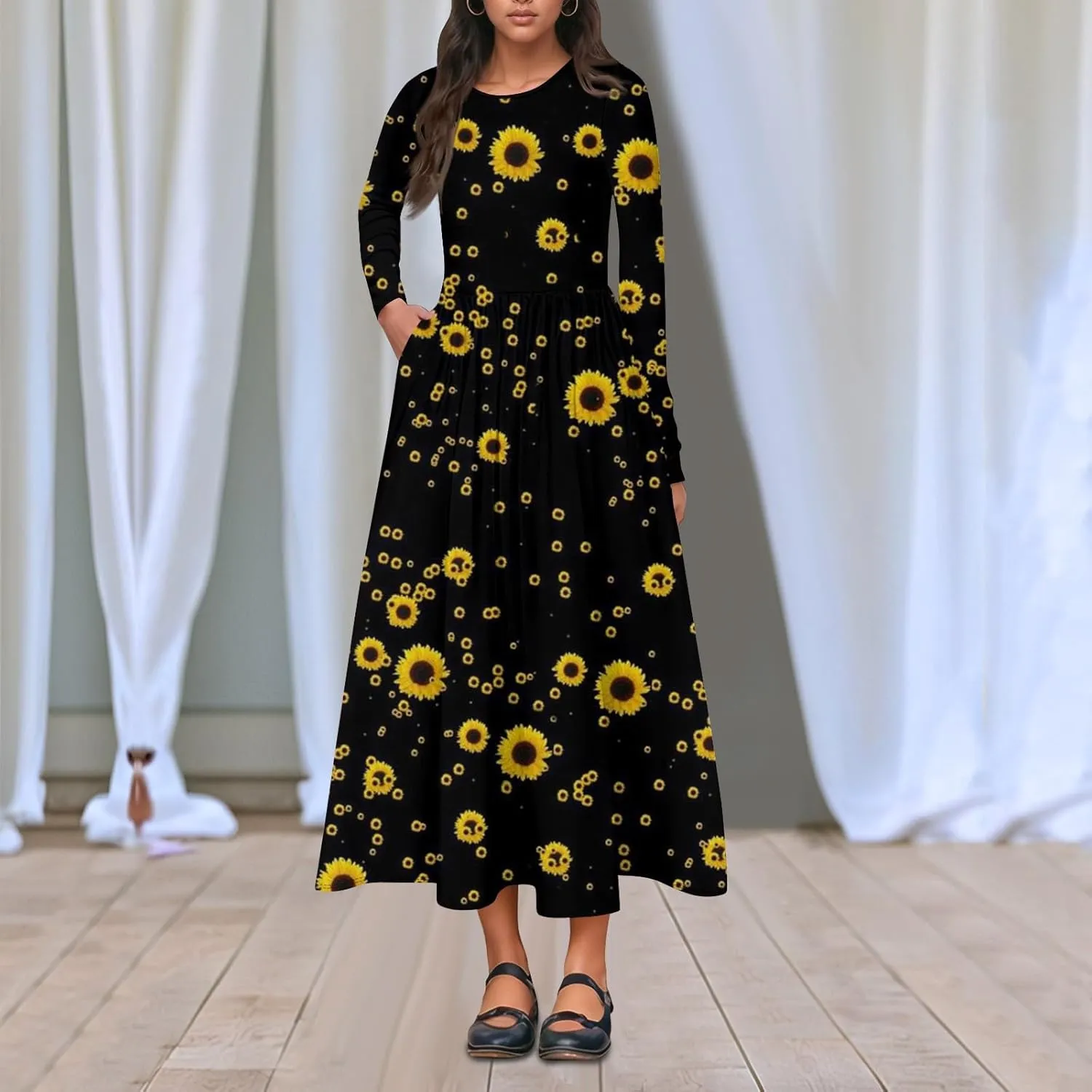 ZEFOTIM Long Sleeve Dress for Women Graphic Dresses with Pockets Long Dress Crewneck Dress Womens Spring Summer Dresses