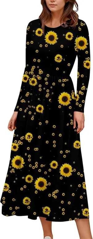 ZEFOTIM Long Sleeve Dress for Women Graphic Dresses with Pockets Long Dress Crewneck Dress Womens Spring Summer Dresses