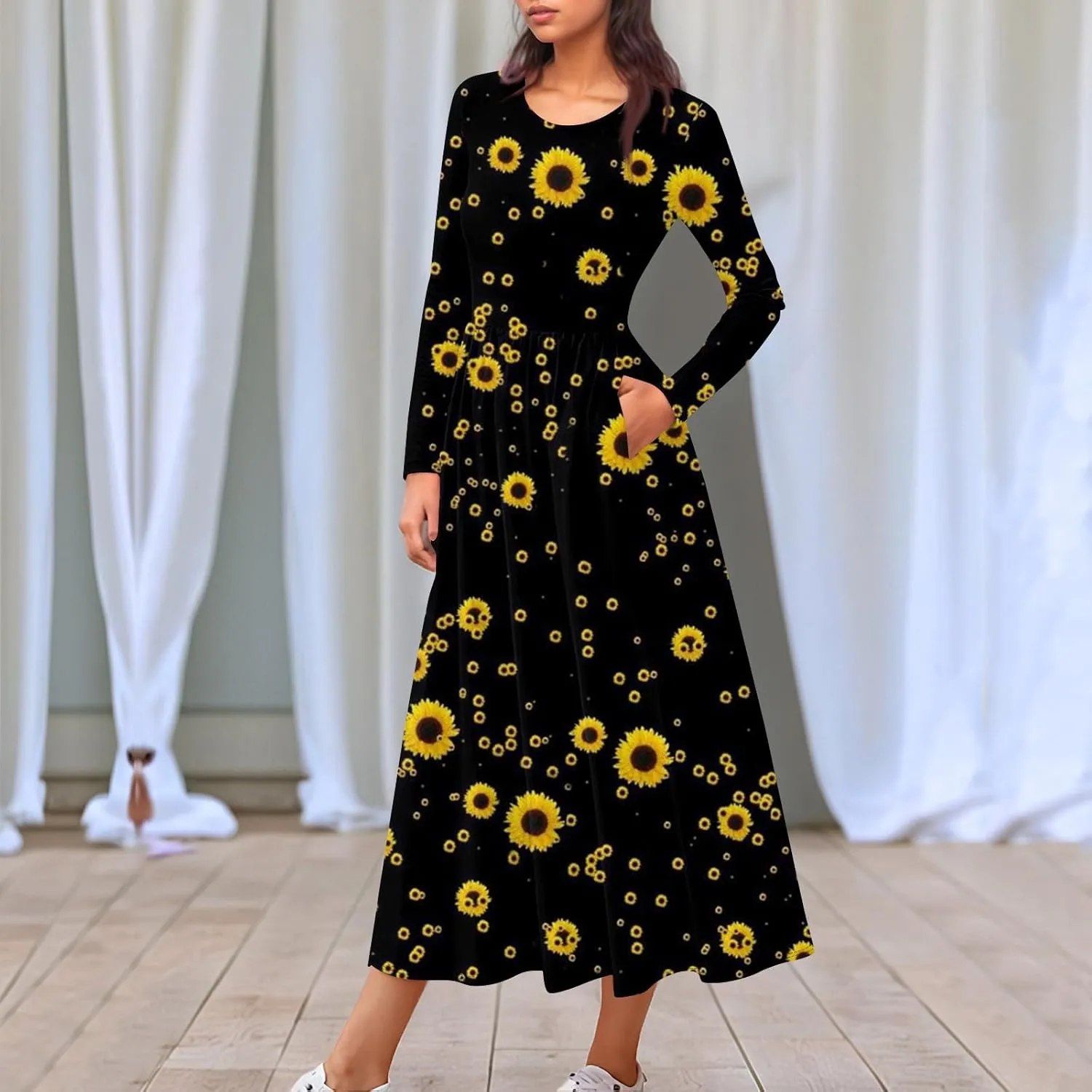 ZEFOTIM Long Sleeve Dress for Women Graphic Dresses with Pockets Long Dress Crewneck Dress Womens Spring Summer Dresses