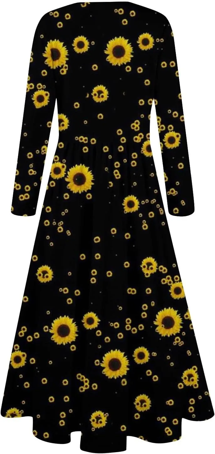 ZEFOTIM Long Sleeve Dress for Women Graphic Dresses with Pockets Long Dress Crewneck Dress Womens Spring Summer Dresses